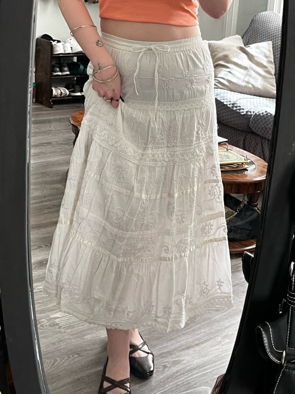 Vintage Coral Ivory Embroidered Maxi Skirt